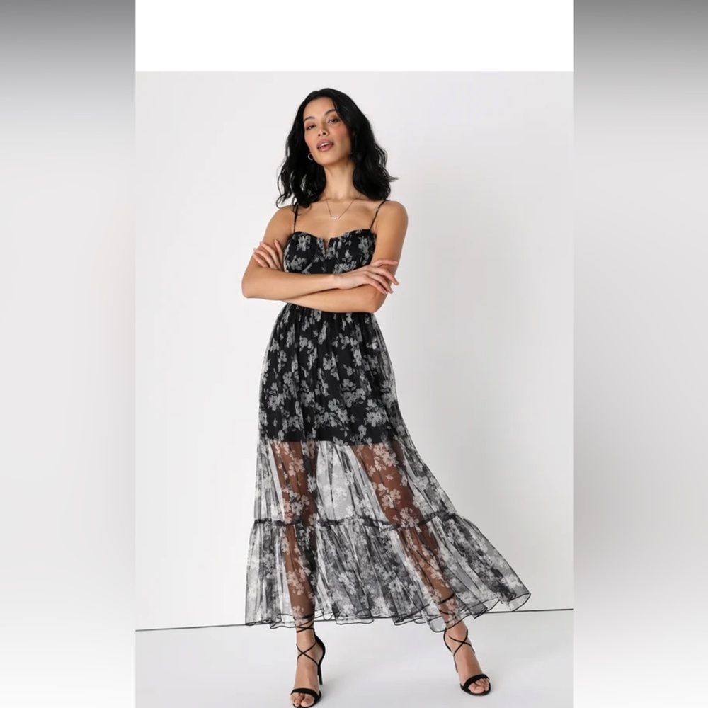 Black Floral Print Tulle Bustier Maxi Dress